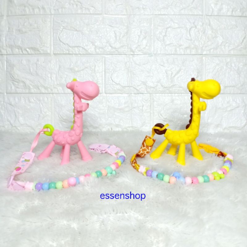 Teether Jerapah Giraffe plus Tali klip Mainan Gigitan Silicone Bayi