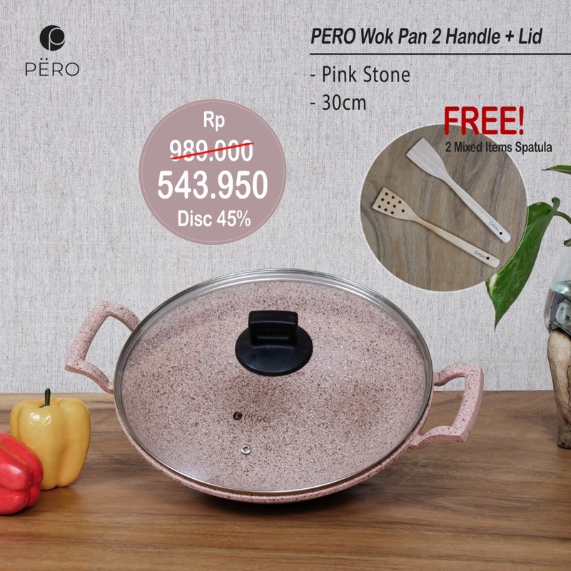 PERO WOK PAN PINK STONE + LID 30CM