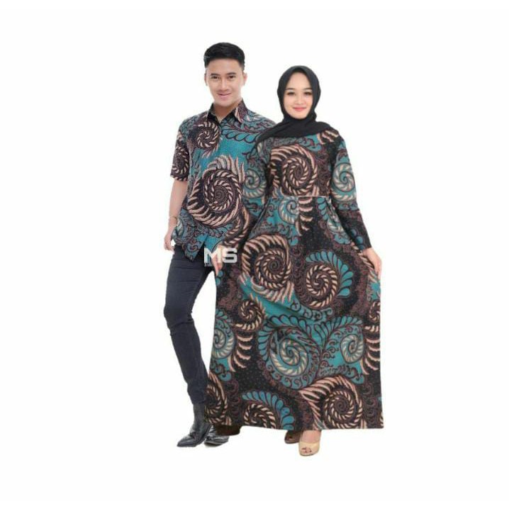 gamis dan kemeja lengan panjang Sania Ruffle Batik Couple ori Ndoro jowi / gamis batik couple murah-puser tosca