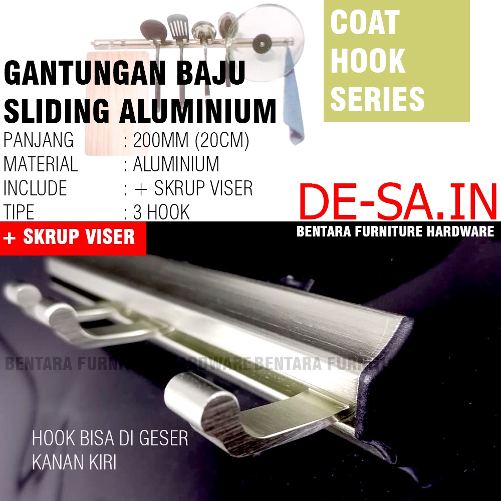 3-Hook Kapstok Aluminium Lipat Geser Gantungan Baju 3 Kait Capstock Handuk Baju Hook Serbaguna Multi FungsI