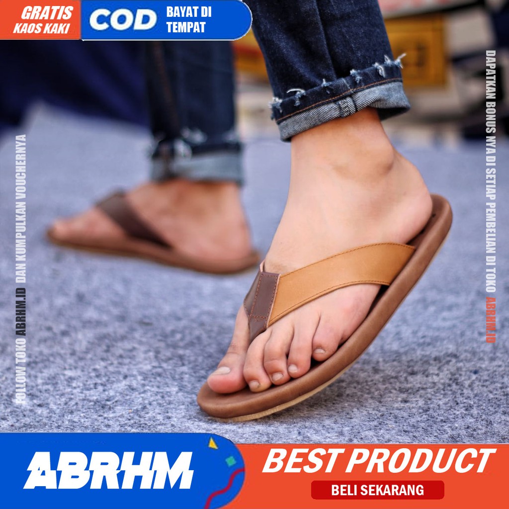 ABRHM X JAVIT Sandal Japit Pria Sandal Pria Kulit Asli Sendal Jepit Cowok / Cowo Ori Keren Kekinian