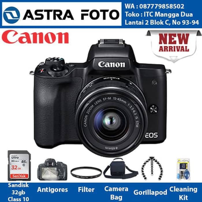 CANON EOS M50   CANON M50 KIT 15 45 PAKET 32GB KAMERA MIRORRLESS   Hitam