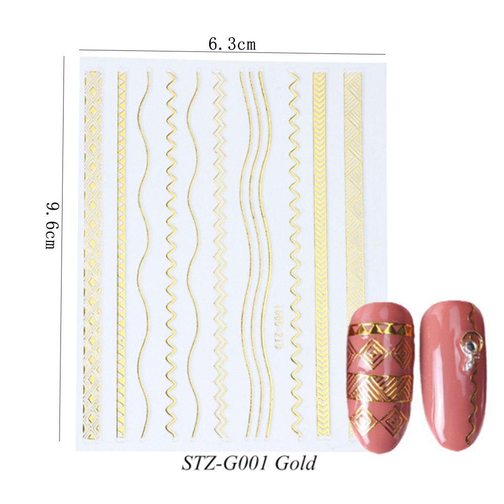 R-flower 3D Nail Sticker Self Adhesive Silver Gold Garis Geometris Stripe Transfer Stickers