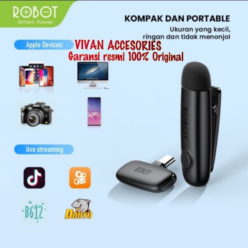 ROBOT RS20 Wireless Microphone Bluetooth 5.1 Clip On Jepit Type C- hitam