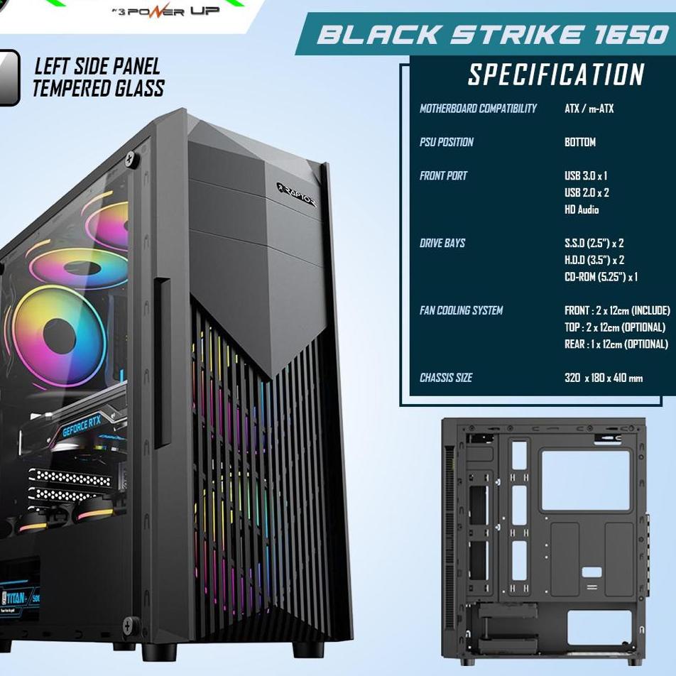 Grosir Terlaris Casing Raptor Black Strike 1650 Free 2 Fan RGB ATX