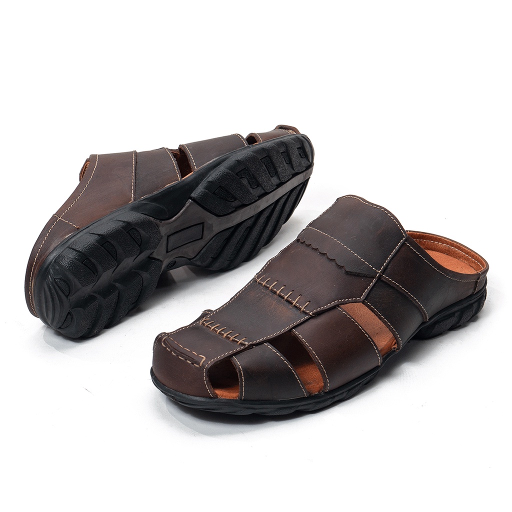 Sepatu Sandal Pria Kulit Asli Casual Santai Model Slop Bustong BT506 Coklat