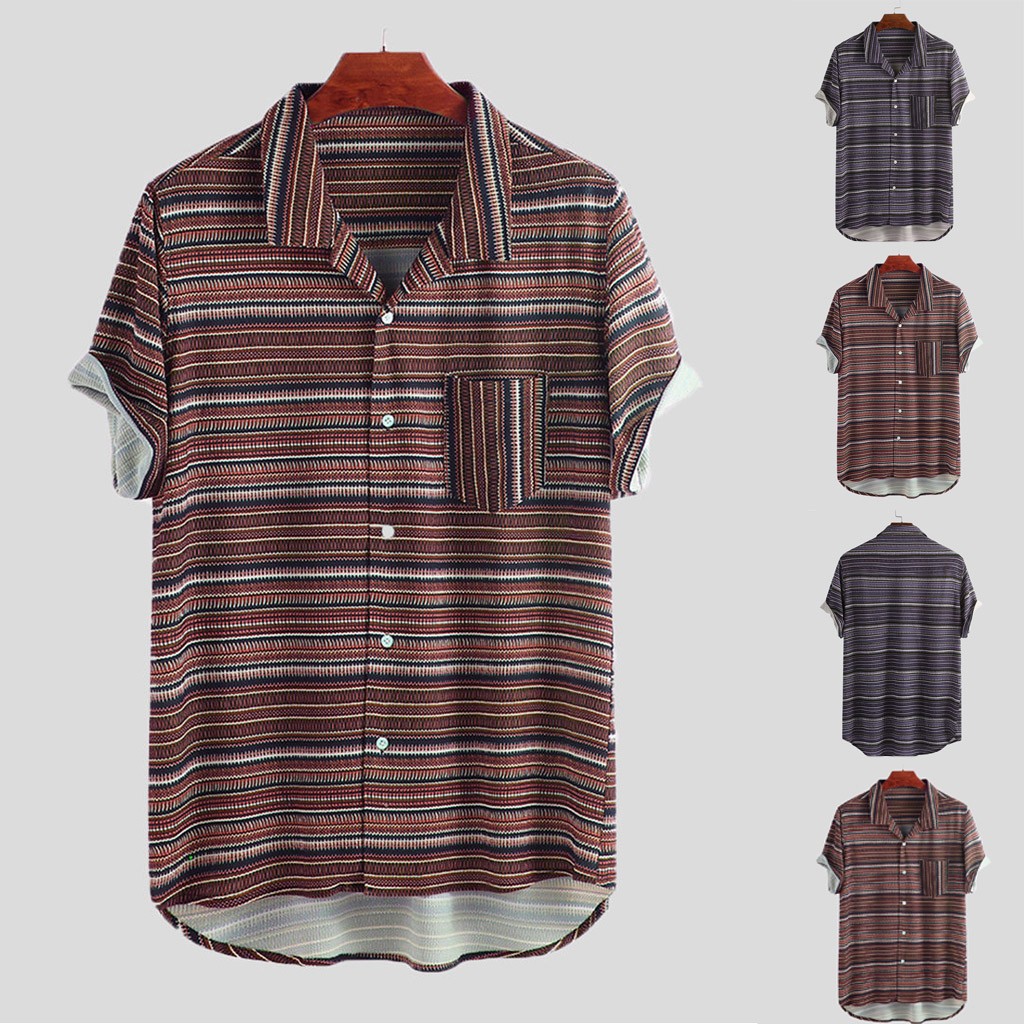  Kemeja  Casual Pria  Lengan Pendek Model  Vintage Kerah Turun 