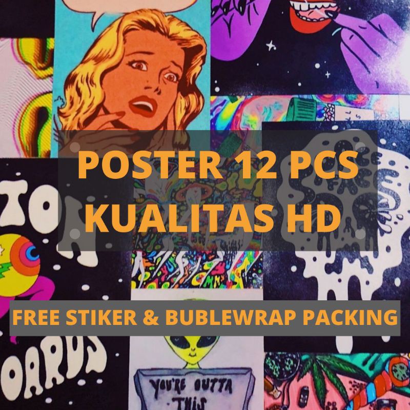 12 pcs poster dinding retro bahan tebel