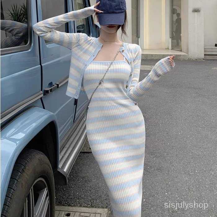 #Sisjuly# Wanita Striped Knit Sling Dress Wanita Slim Midi Dress Dua Potong Wanita