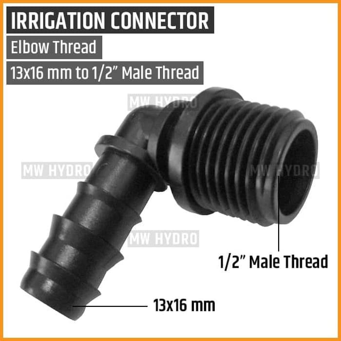 10 pcs Connector Elbow Thread / Konektor L Drat, 13x16 mm to 1/2&quot; Male Thread