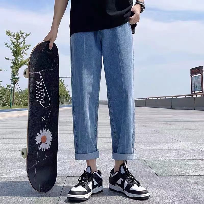 Celana jeans musim panas pria lurus longgar biru musim panas celana kasual stretch tipis cocok untuk