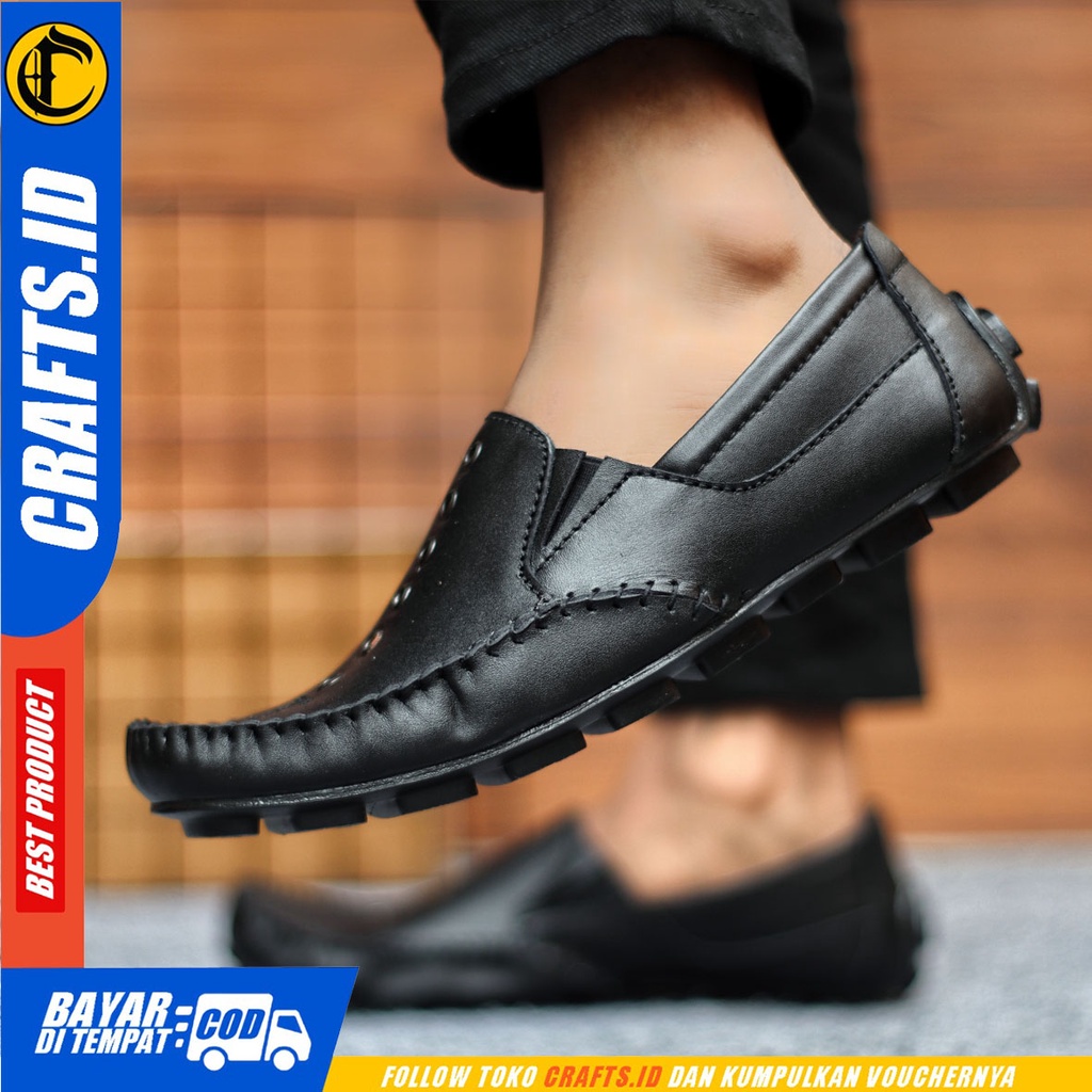 Sepatu Slip On Pria Sepatu Casual Pria Kulit Asli Kerja Kantor Kuliah Kondangan Sepatu Slop Pria Sepatu Hitam Pria CRAFTS MIDRING