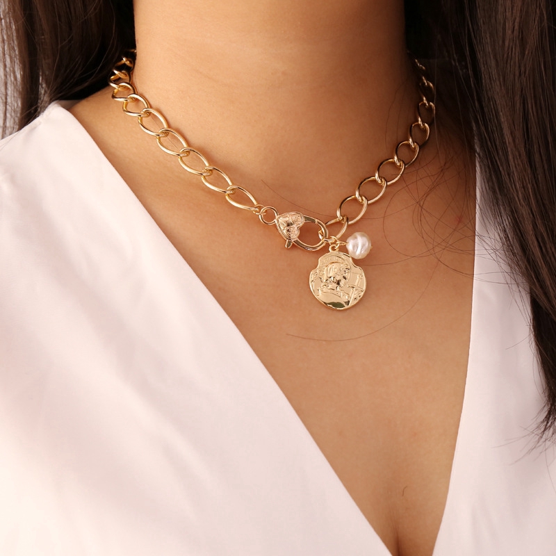 Kalung Rantai Liontin Koin Geometris Klasik Bahan Metal Warna Gold Untuk Wanita