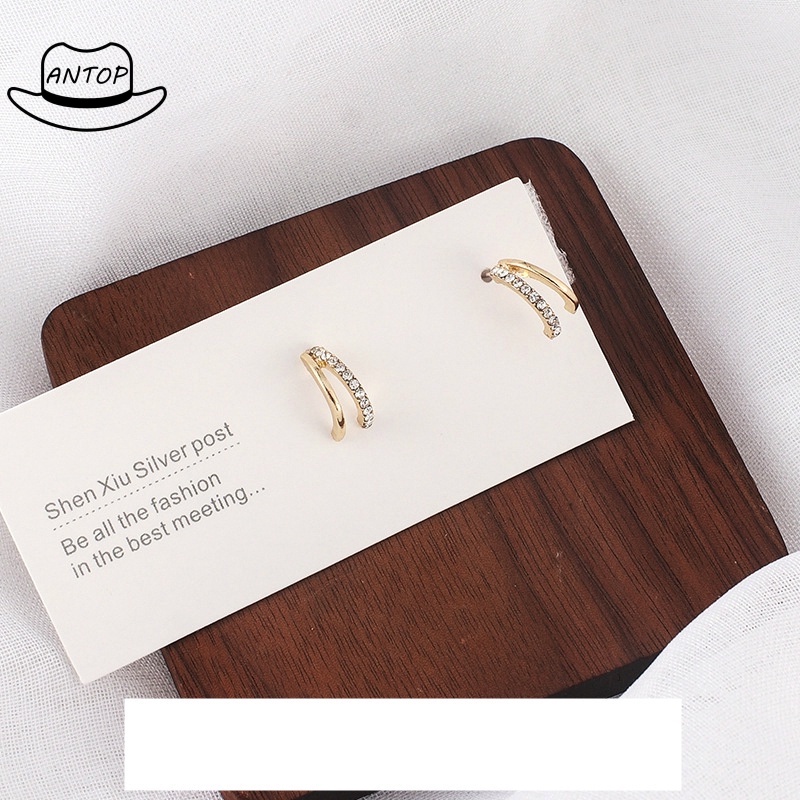 925 Sterling Silver Anting Kecil Fashion Wanita Tindik Setengah Lingkaran Berkedip Berbentuk Cshaped ANTOP