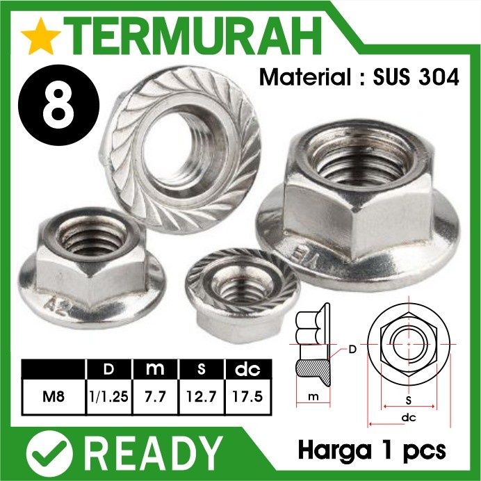 SUS 304 Flange Nut M8 Stainless steel cap mur topi nekel 8mm HEX