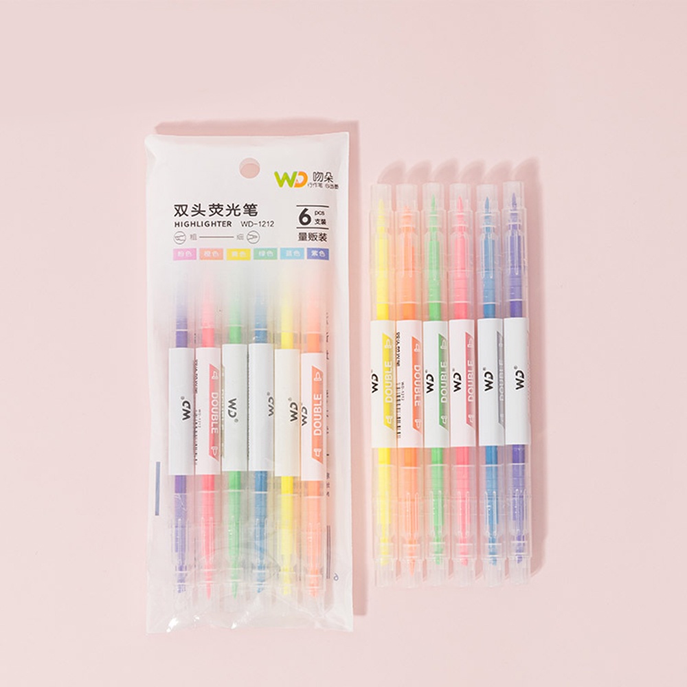 【COD Tangding】6pcs/set Double-headed Highlighter Students Pen To Highlight The Line Marker Pen Oblique Head Highlighter