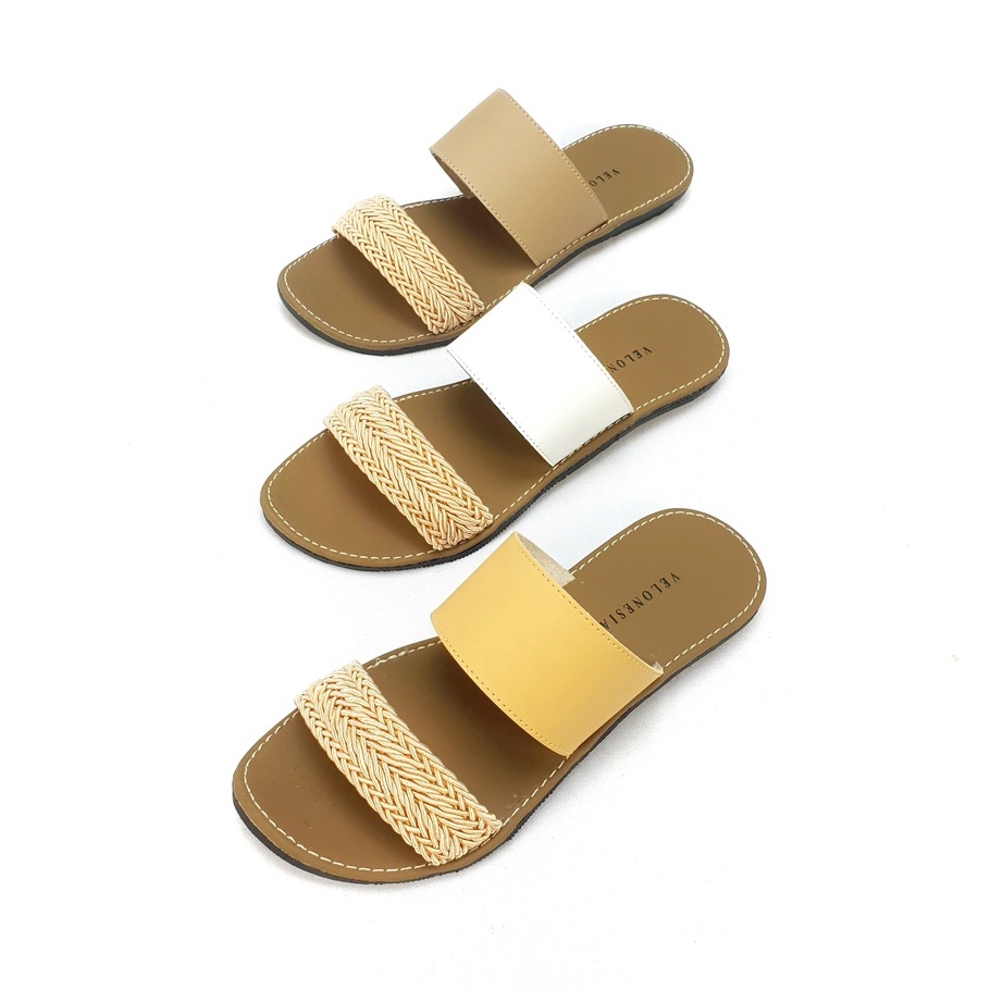 Sandal Kulit Wanita Sendal Kulit Sintetis Nonslip Sandal Slop Sandal Flat Sandal Wanita Anti Licin  Velonesia - Elena