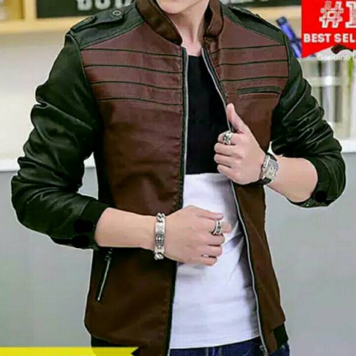 jaket kulit pria , jaket kulit sintetis, jaket kulit semi kulit - Kombinasi, M