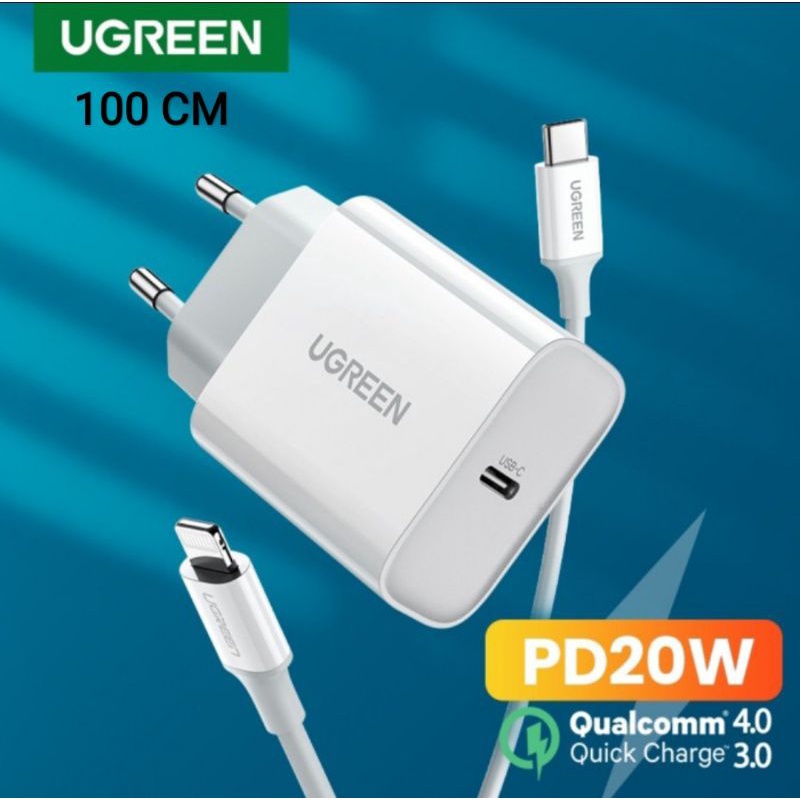 Charger Ugreen 20 Watt + Kabel Usb C to Lightning IPhone Mfi Original