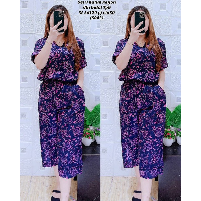 Setelan celana wanita 5042 Set 7/9 kulot rayon jumbo motif bunga