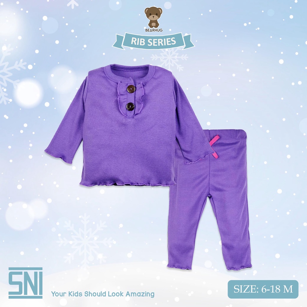 Bearhug  Setelan Lengan Panjang Rib  Bayi Perempuan  XSE9 Mixcolour Kancing Ruffle 6-18M-1