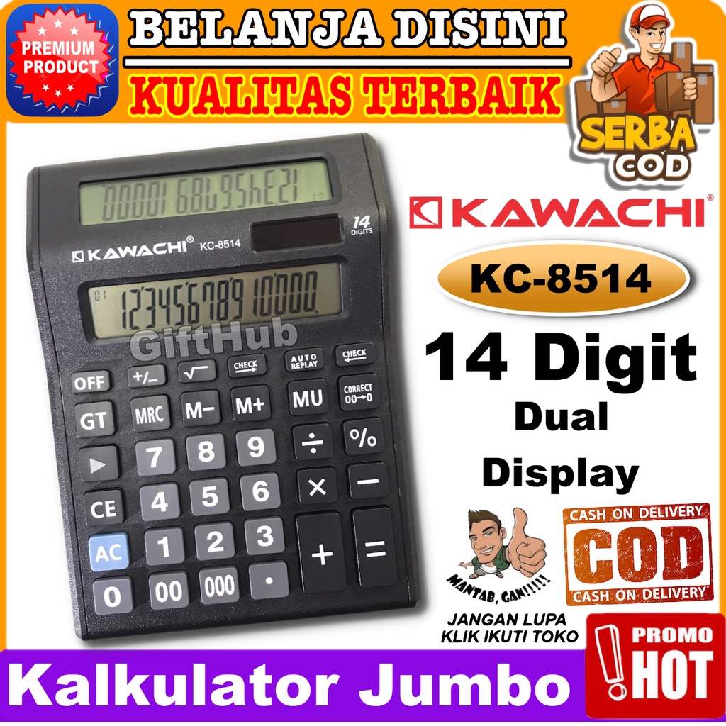

Kawachi Kalkulator Jumbo Dual Display Calculator KC 8514 14 Digit Solar + Battery Original Garansi