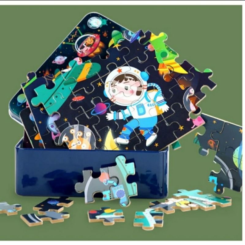 Mainan Edukasi Anak Puzzle Kayu 100pcs Wooden Jigsaw Kotak Kaleng Besi Tin Box Kado Souvenir Ultah Anak Birthday Gift Hampers Hadiah