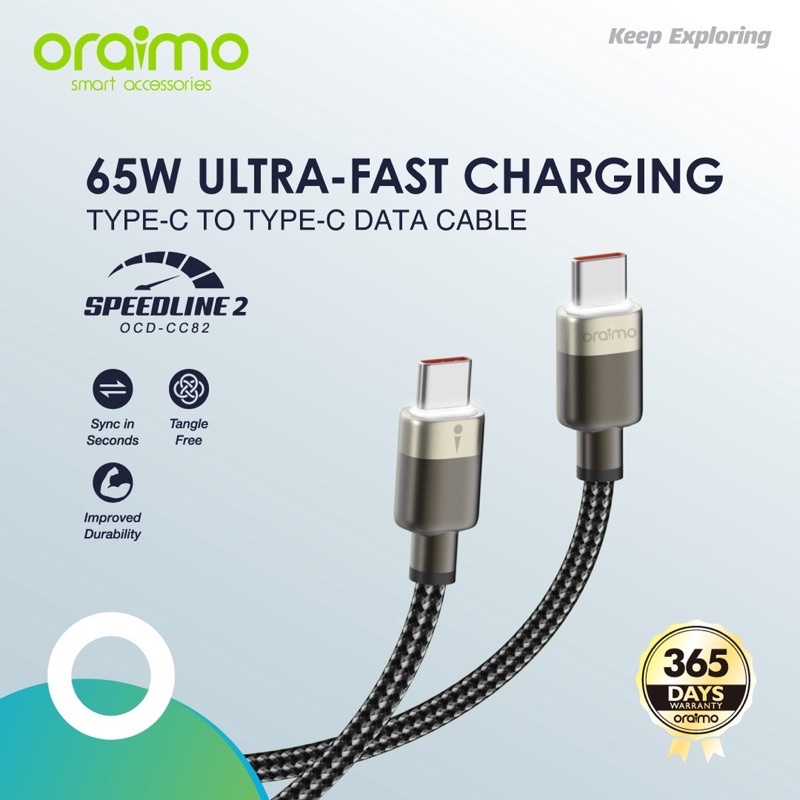 Oraimo OCD-CC82 Speedline Kabel Data Type-C - Type-C 65W Fast Charging - Garansi 1 Tahun