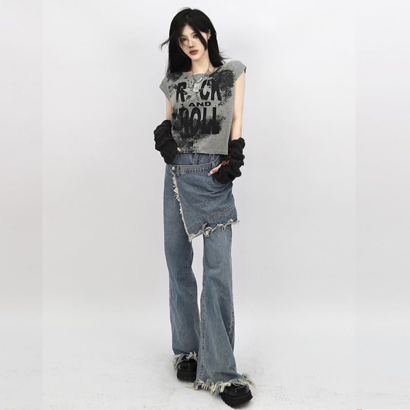 Suhao Street Style Straight Jeans Wanita Musim Semi Desain Baru Sense Kecil Palsu Dua Potongan longgar Flared Wide Pants