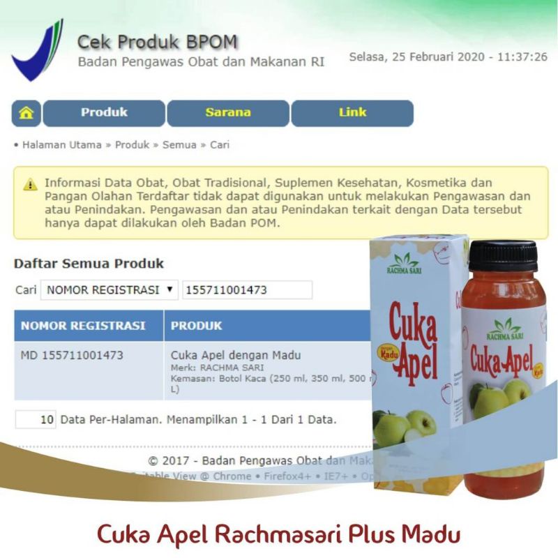 CUKA APEL VINEGAR Murni + MADU 250ml - Cuka Apel Plus Madu ORIGINAL BPOM Asli