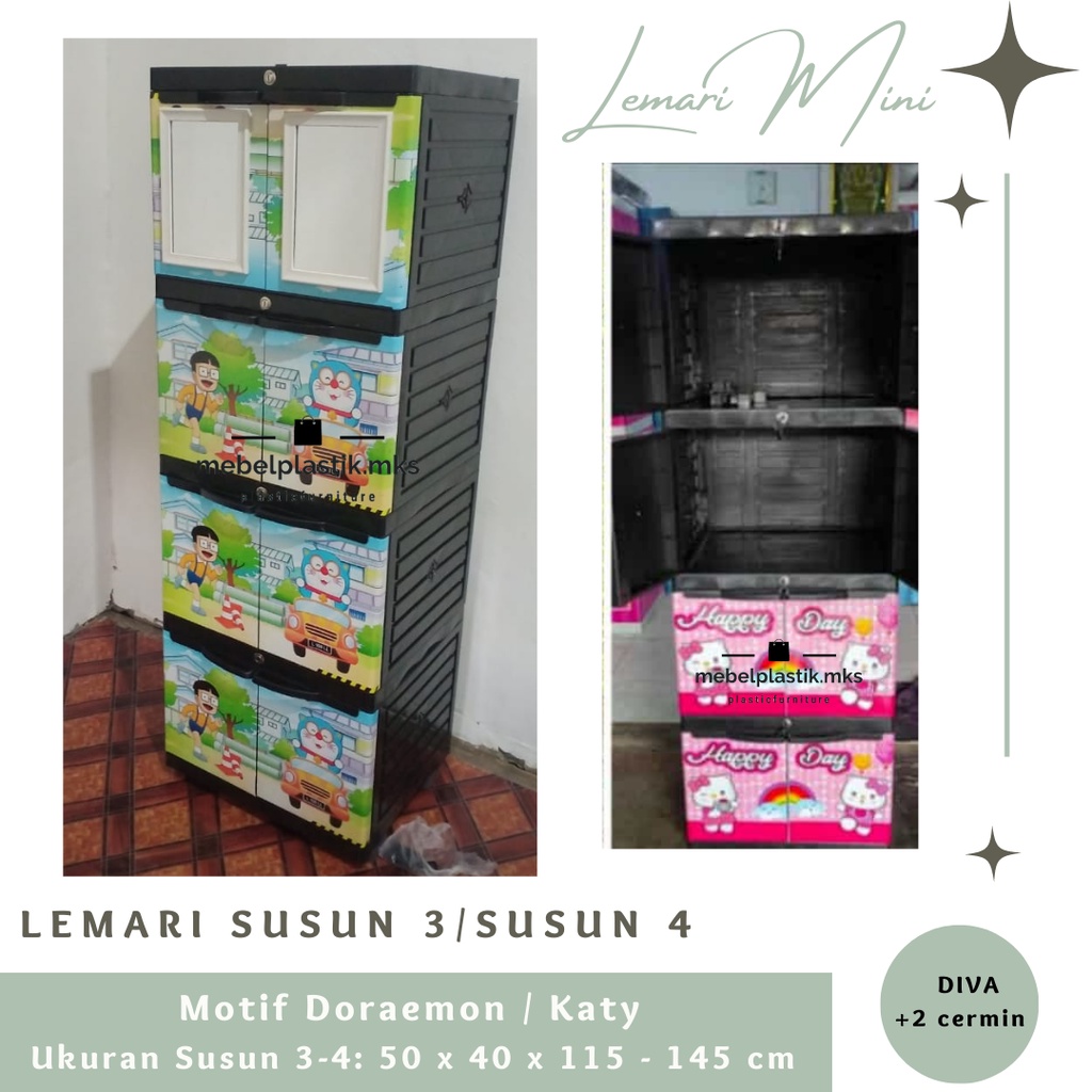 Lemari Mini Plastik Cermin Diva Aquose Katy/ Doraemon Susun/ Lipatan Kunci Kaca