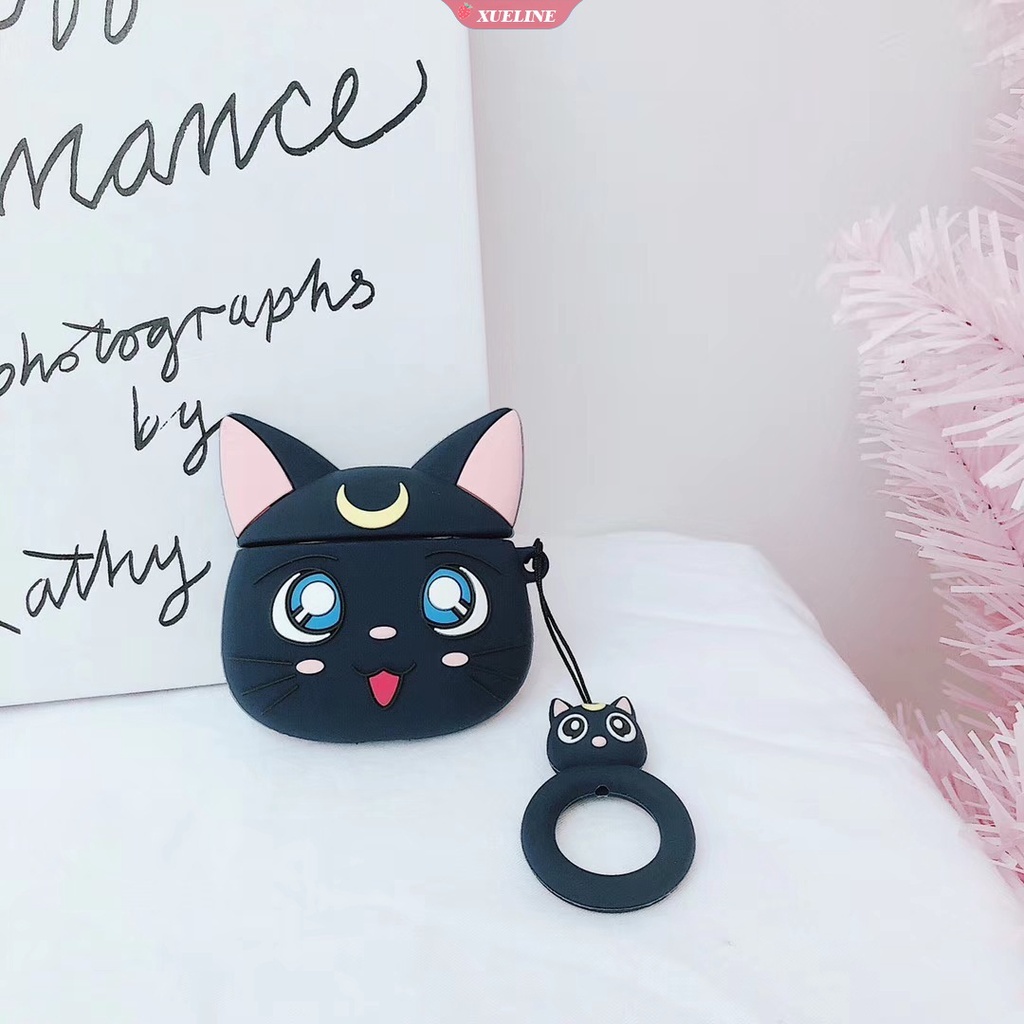 Cover Pelindung Headphone Bluetooth Bahan Silikon Anti Jatuh Motif Kartun Sailor Moon Luna Cat Untuk AirPods 1 2