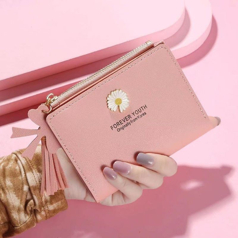 (COD) DOMPET KECIL MOTIF BUNGA DAISY MINI/DOMPET LIPAT-DK 010 Pink muda