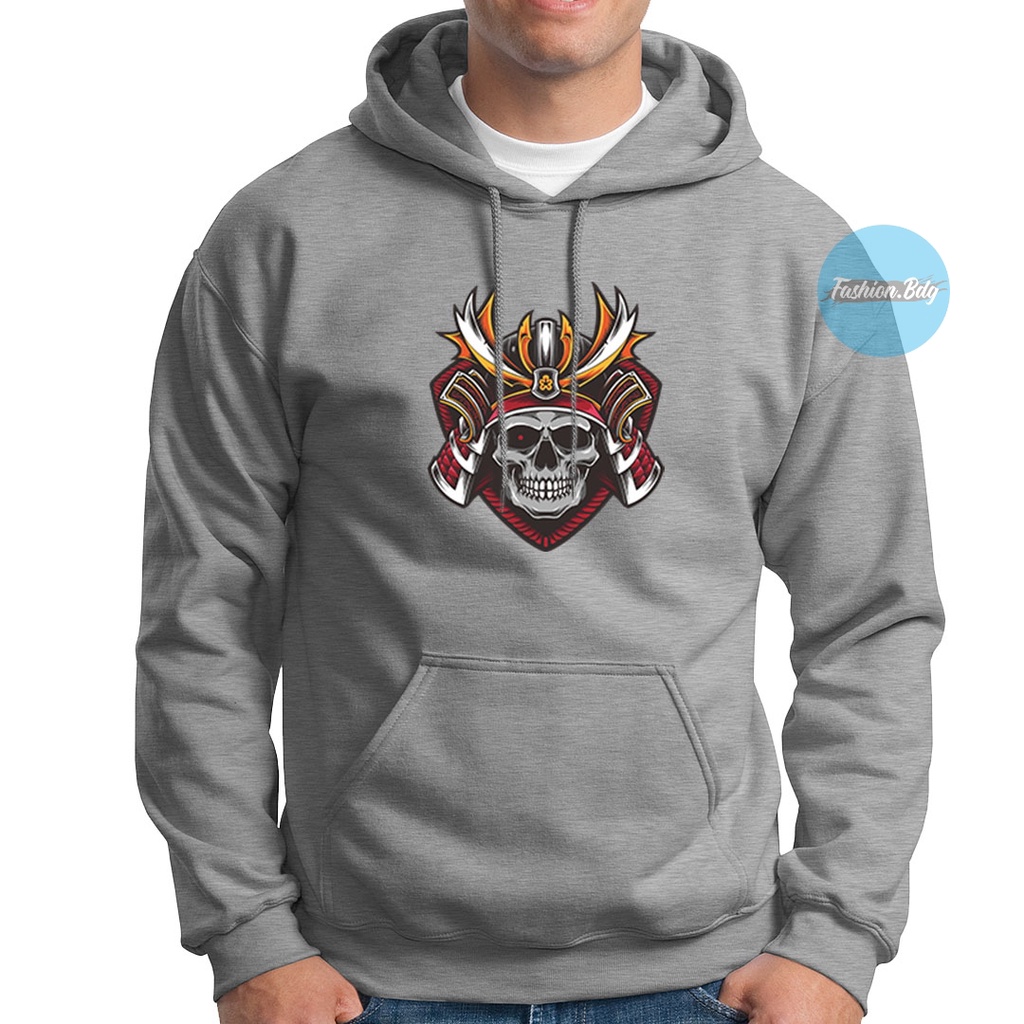 Sweater Hoodie Samurai Skull Bahan Fleece Warna Hitam Navy Merah Abu