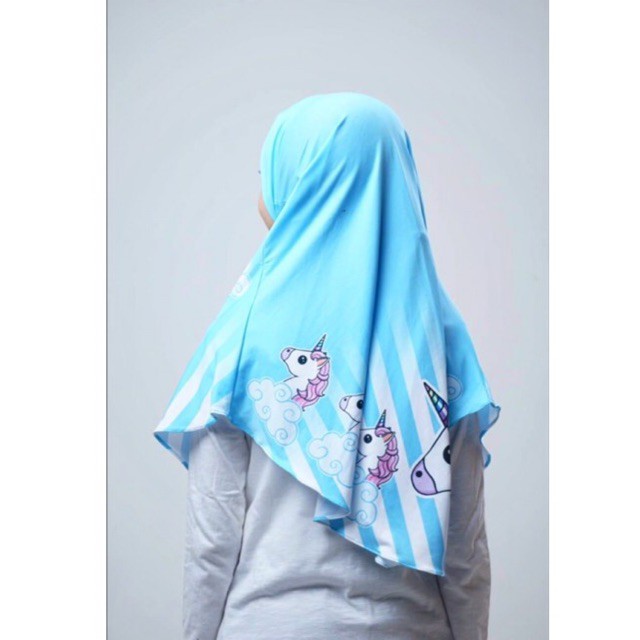 BERGO HIJAB INSTANT ANAK PRINTING MOTIF UNICORN AWAN BIRU LANGIT / HIJAB INSTANT KARAKTER LUCU