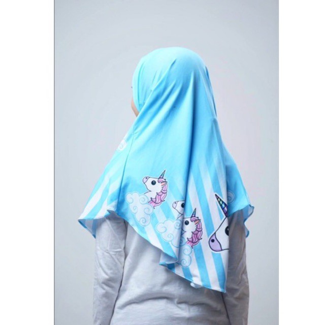 BERGO HIJAB INSTANT ANAK PRINTING MOTIF UNICORN AWAN BIRU LANGIT / HIJAB INSTANT KARAKTER LUCU