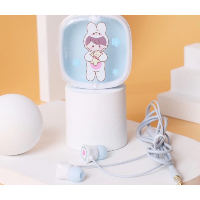 [XY-51] Set Headset Earphone Kartun Anak Perempuan NICE HOLIDAY / Wadah Earphone Kotak Transparan