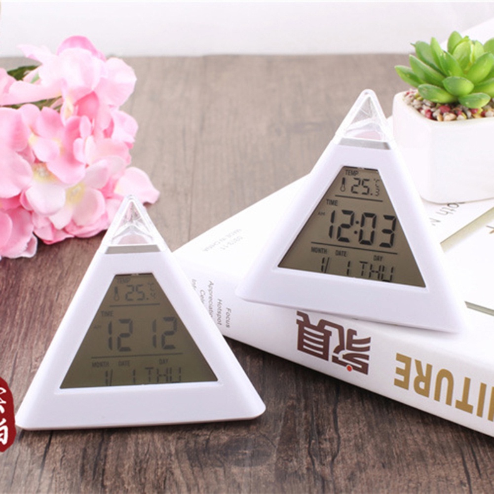 Jam Alarm Digital Portable Bentuk Piramida Dengan Led 7 Warna Untuk Kantor