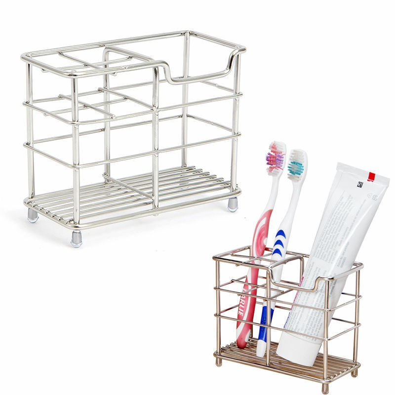 Stainless Steel Tempat Sikat Gigi Odol Berdiri Silet Logam Sisir Organizer Aksesoris Kamar Mandi Tahan Karat