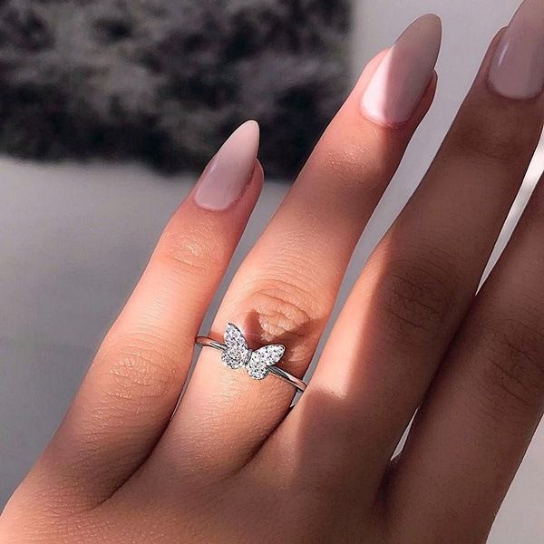 CU10 Cincin Berlian Kristal Kupu kupu Silver Untuk Wanita Rings