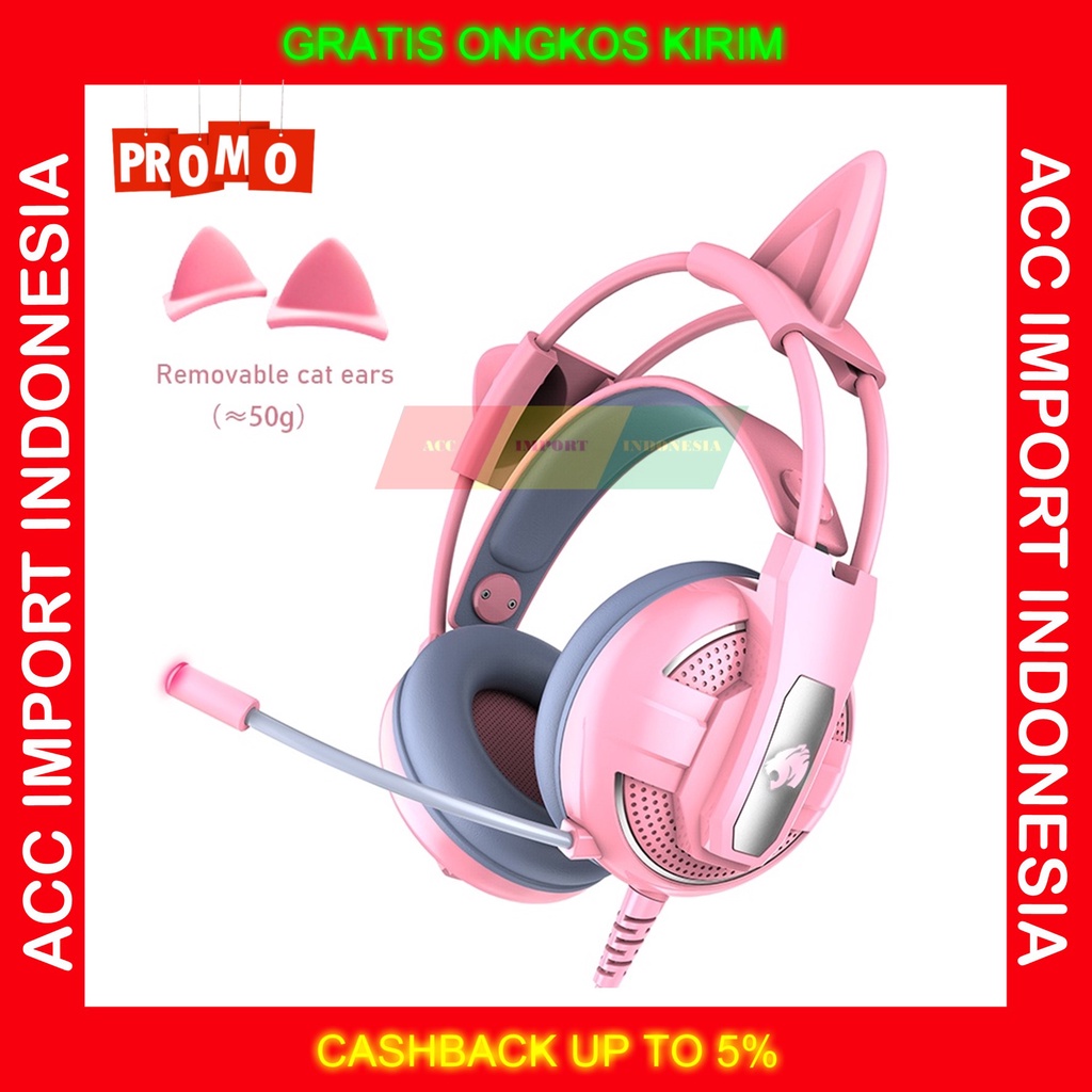 Headset Gaming Pink cat ear Telinga Kucing With Mic Lucu Headphone sekolah online Cewek With Microph