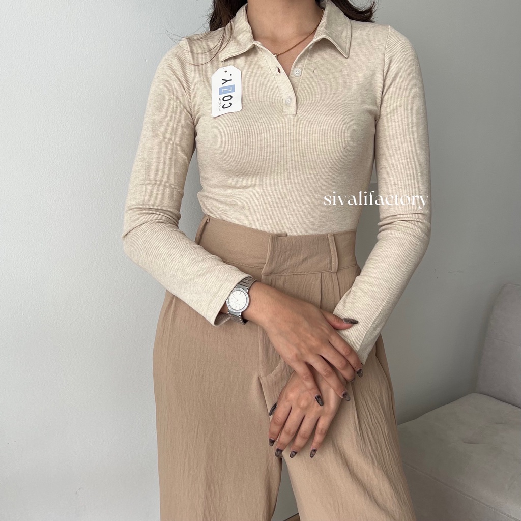 SIVALI INDY Polo Knit Top Longsleeve Shirt Lengan Panjang Atasan Rajut Fit Body