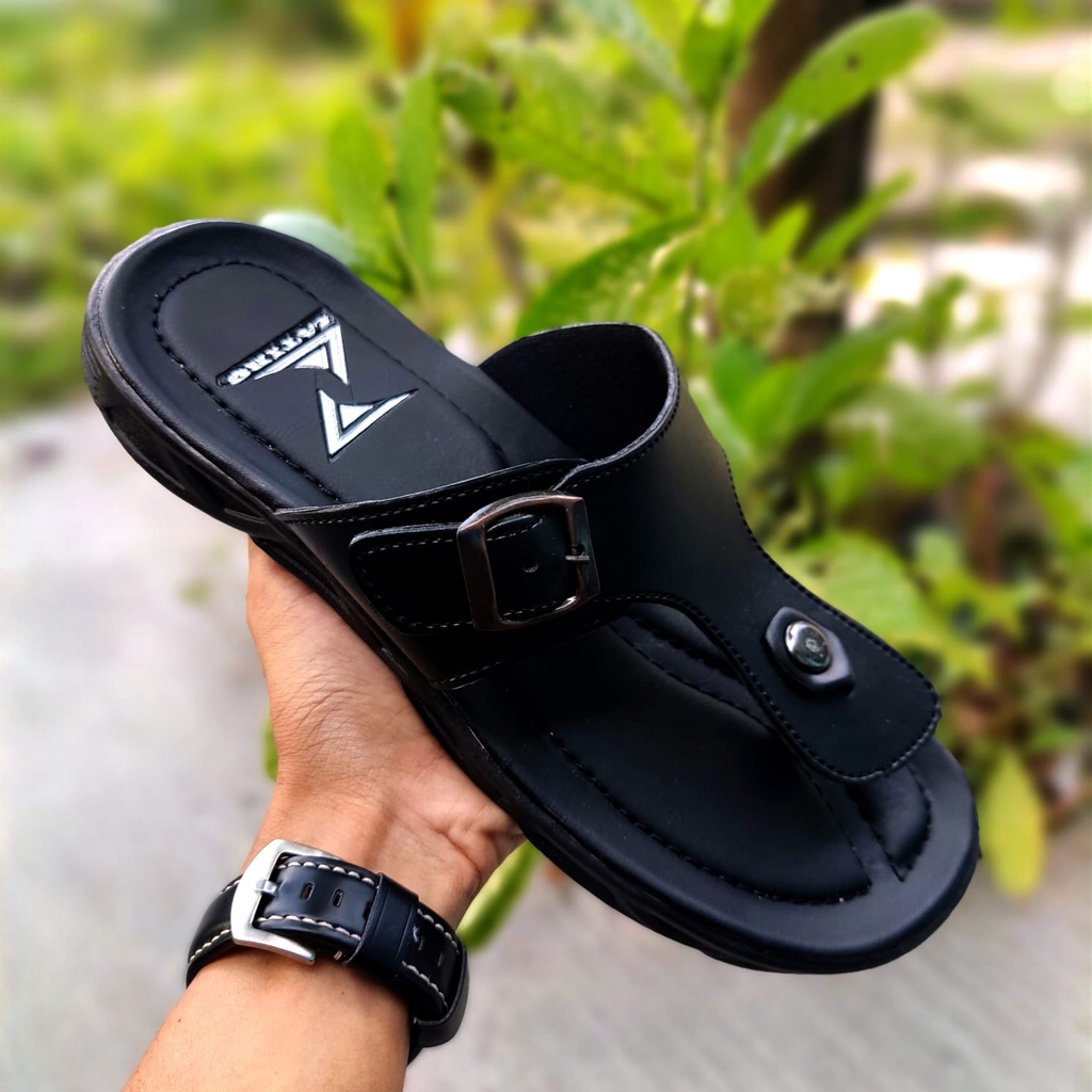 promo puncak sandal jepit hitam fullblack dewasa bahan kulit  by zatiro original premium high quality kualitas dijamin mantuliti harga murah banget