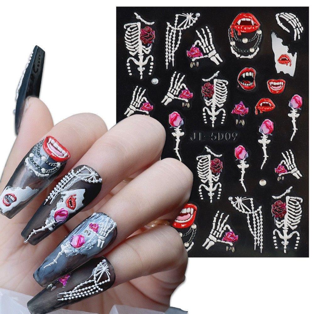 Needway   Kuku Timbul Stiker DIY Darah Horror Mata Mawar Hantu Tulang Kuku Salon Halloween Manicuring Sticker