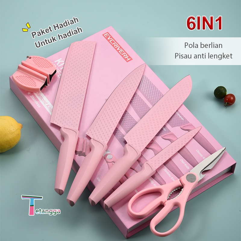 Pisau Berlian Merah Muda 6 IN 1 COOKWARE KITCHEN KNIFE SET DIAMOND NON-STICK COATING VS-1844
