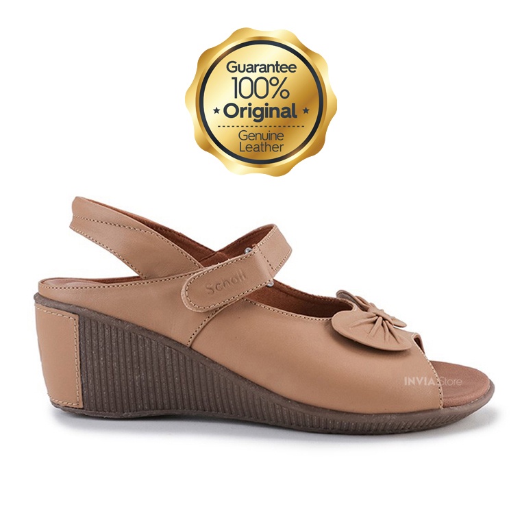 Scholl C1 Brown | 100% Original | Sepatu Sandal Wedges Kulit Asli Genuine Leather