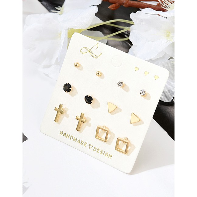 LRC Anting Tusuk Fashion Gold Cross Geometry Studded With 6 Pairs F29794