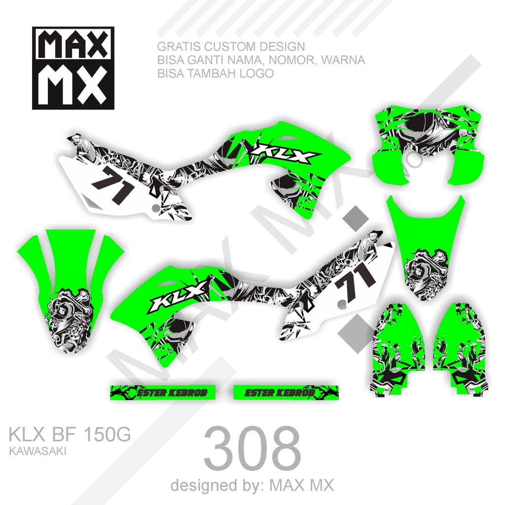 DECAL STIKER MOTOR KLX BF 150 G MOTIF HIJAU PUTIH ABSTAK