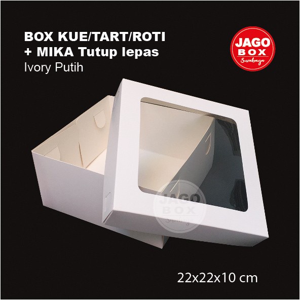 Box Kotak Kue/Tart/Roti 22x22x10 cm Tutup Lepas + Mika Ivory Putih