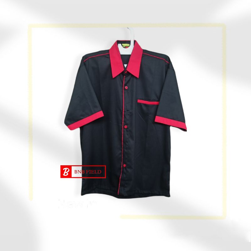 KEMEJA SERAGAM HITAM LIS KERAH MERAH BAHAN AMERICAN DRILL